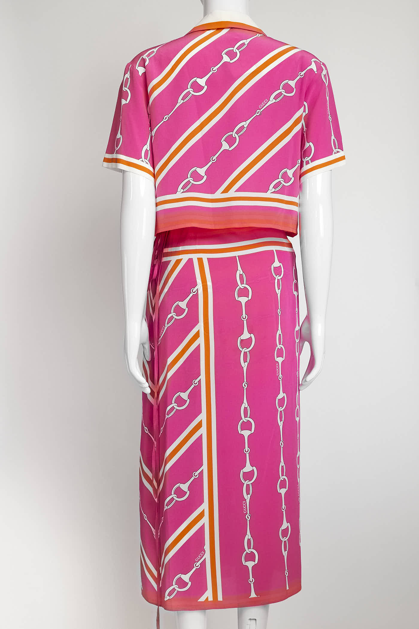 Gucci Pink Horesebit-Print Silk Top/Short/Wrap Skirt Set 40