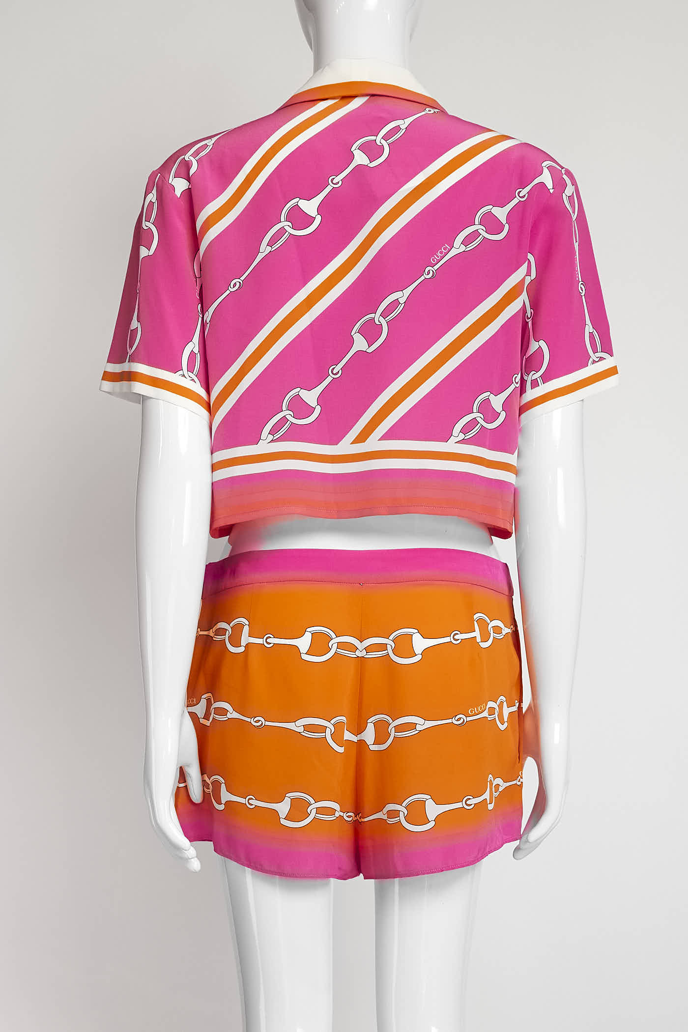 Gucci Pink Horesebit-Print Silk Top/Short/Wrap Skirt Set 40
