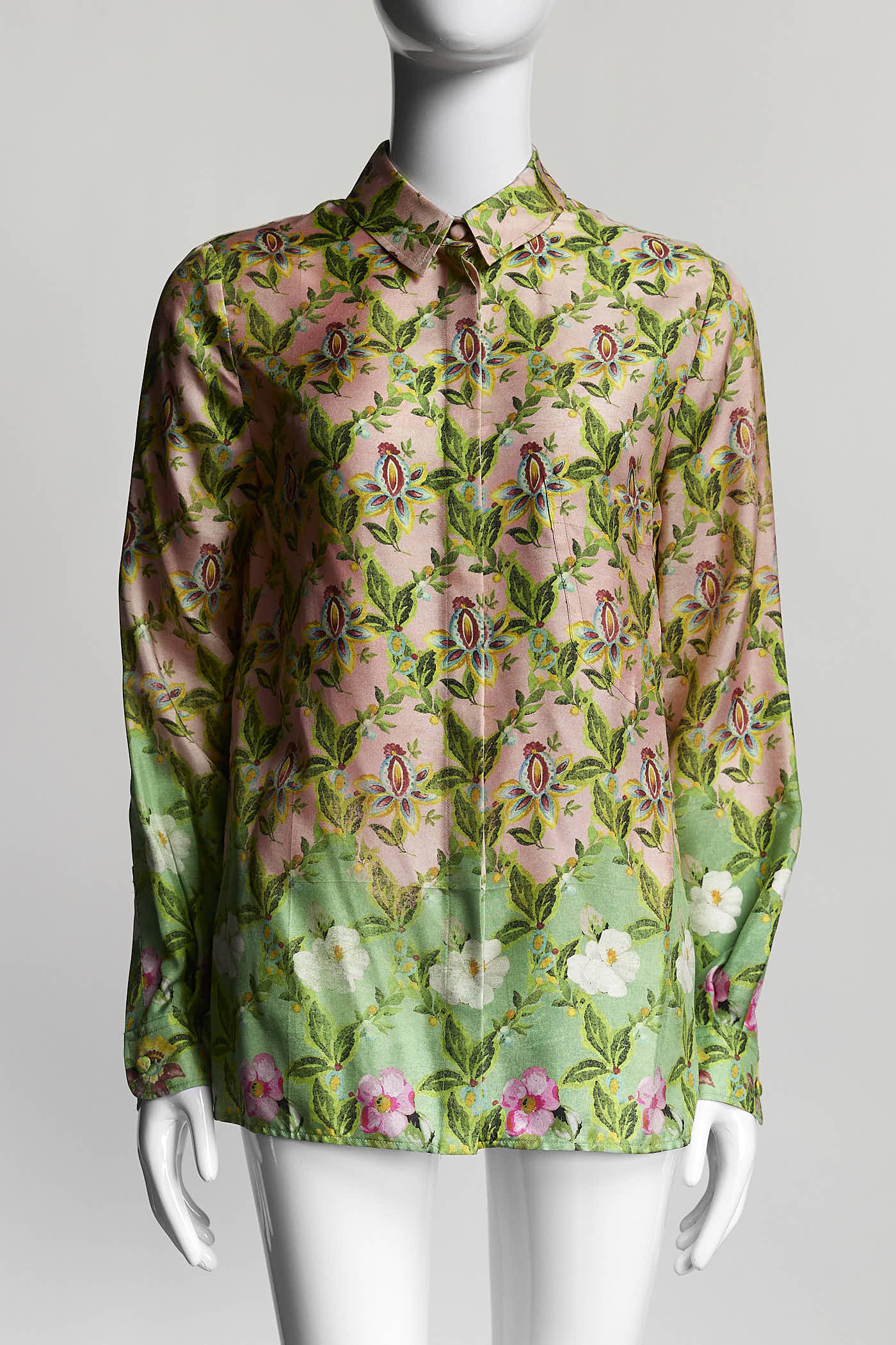 Gucci Pink Silk Blouse with Green Floral Printed 40
