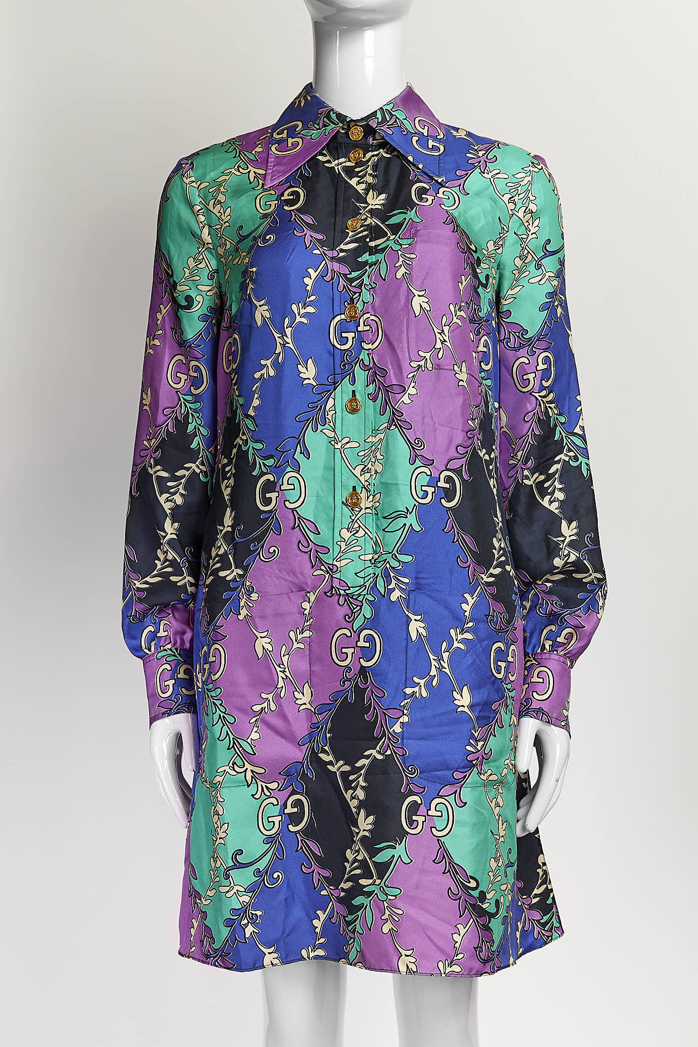 Gucci Purple/Black/Blue GG Logo Silk Dress 38