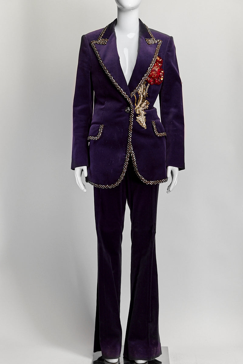 Gucci Purple Velvet Crystal Trim Blazer/Pant IT 42