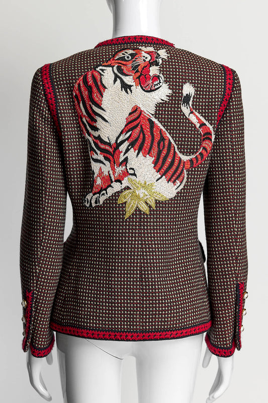 Gucci Red/Brown Tweed Jacket with Tiger on the Back 42