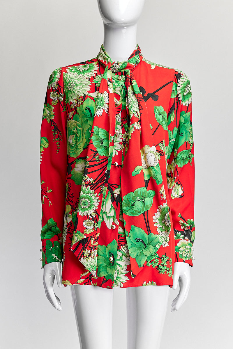 Gucci Red Floral Printed Tie Blouse IT 40