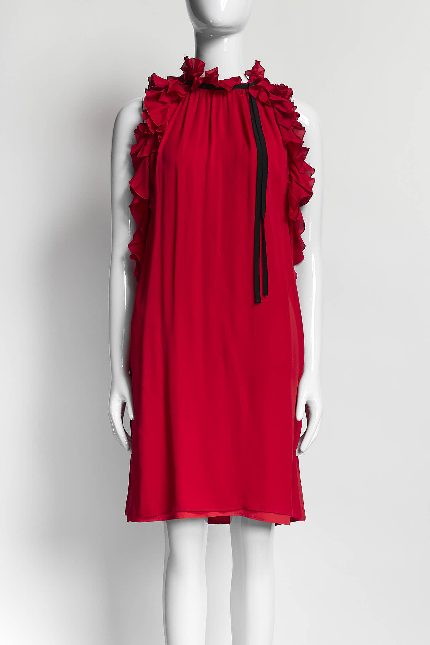 Gucci Red Silk Ruffle Detail Shift Dress 42