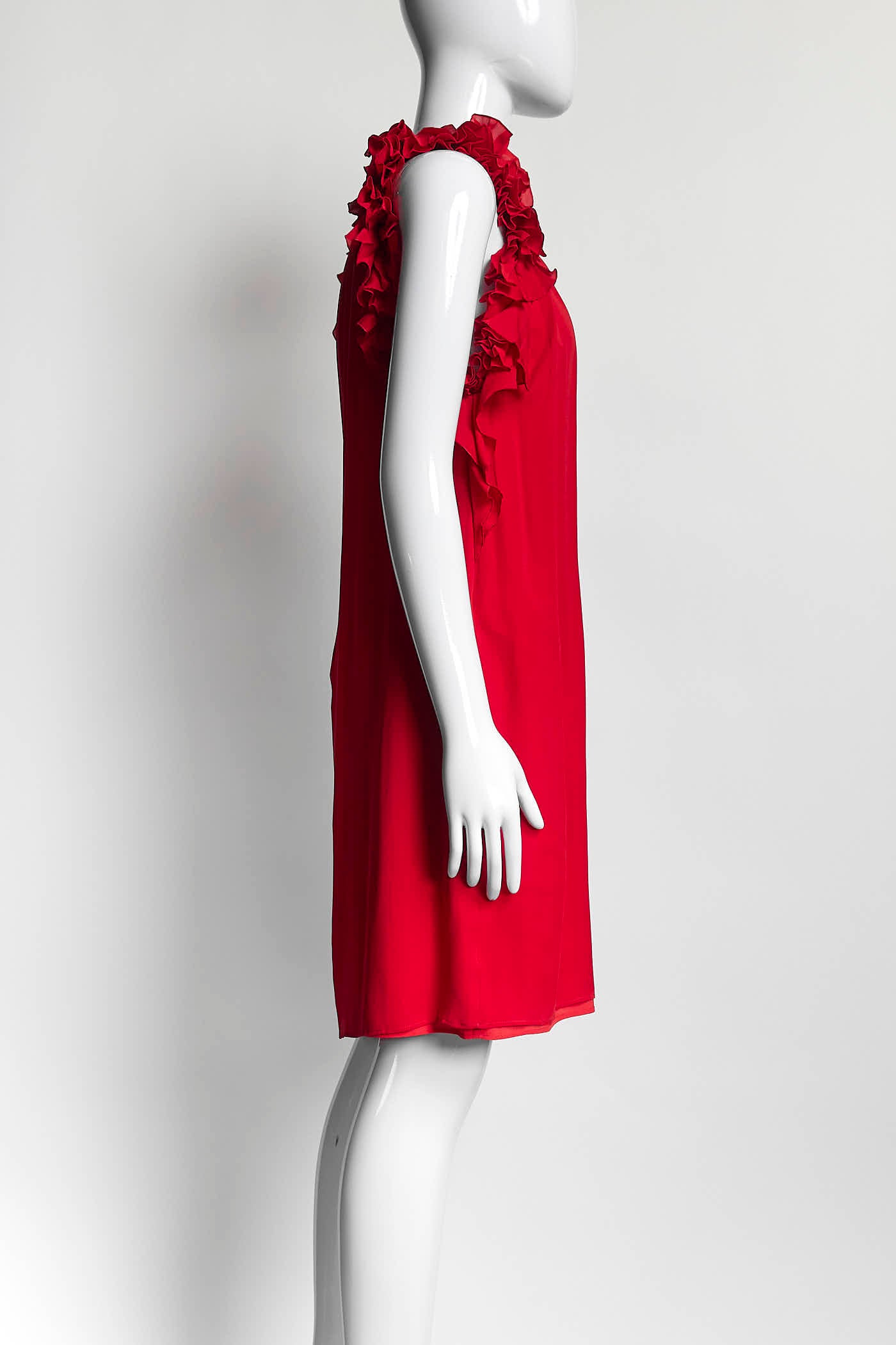 Gucci Red Silk Ruffle Detail Shift Dress 42