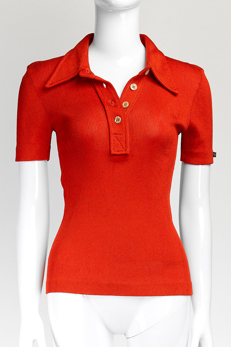 Gucci Rust Red Viscose Rib Knit Polo Shirt M