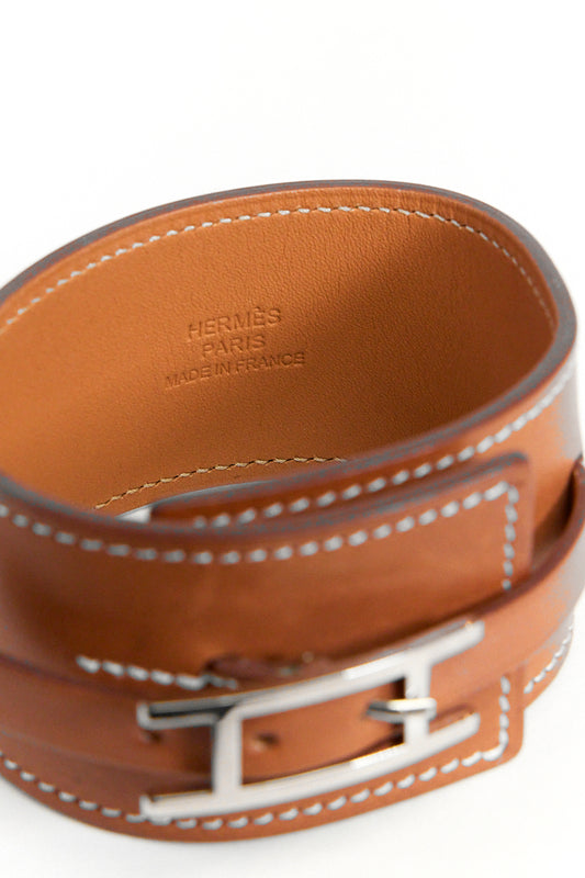 HÈRMES BROWN LEATHER FLEURON WRAP BRACELET