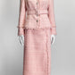 Huishan Zhang Pink Leila Belted Frayed Metallic Tweed Jacket Set US6