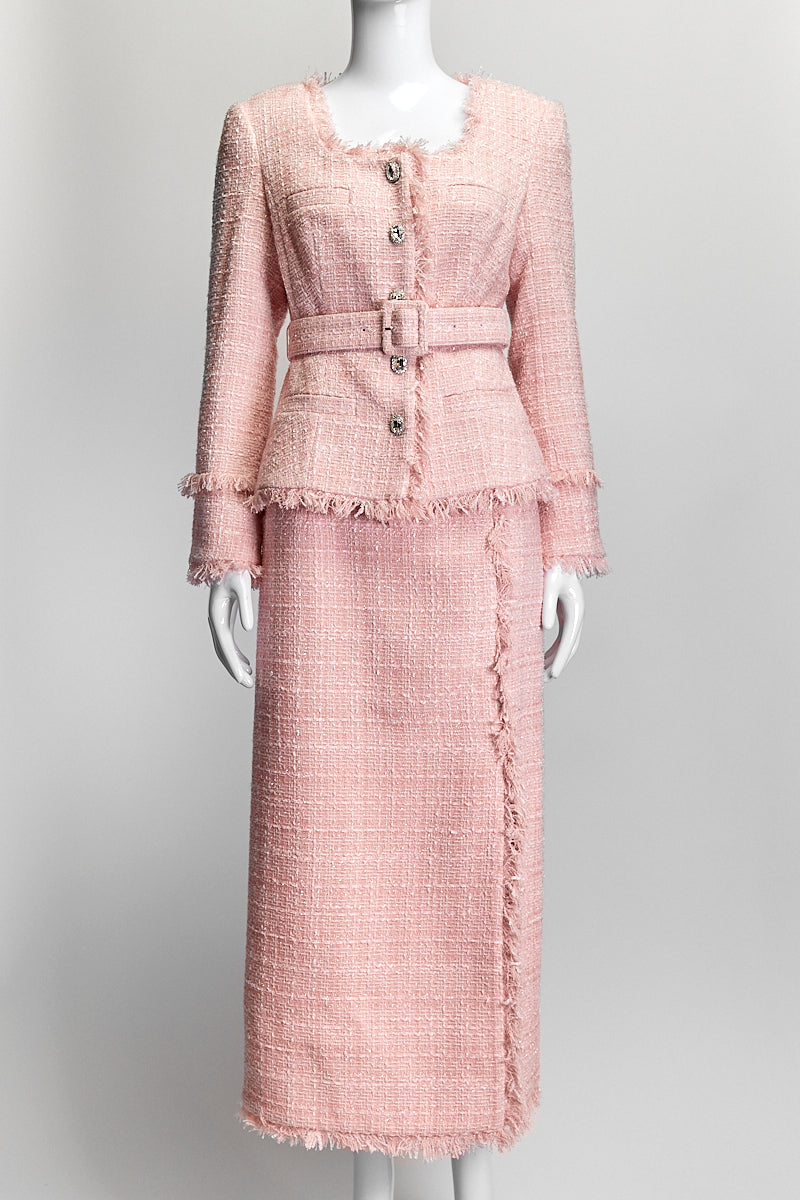 Huishan Zhang Pink Leila Belted Frayed Metallic Tweed Jacket Set US6