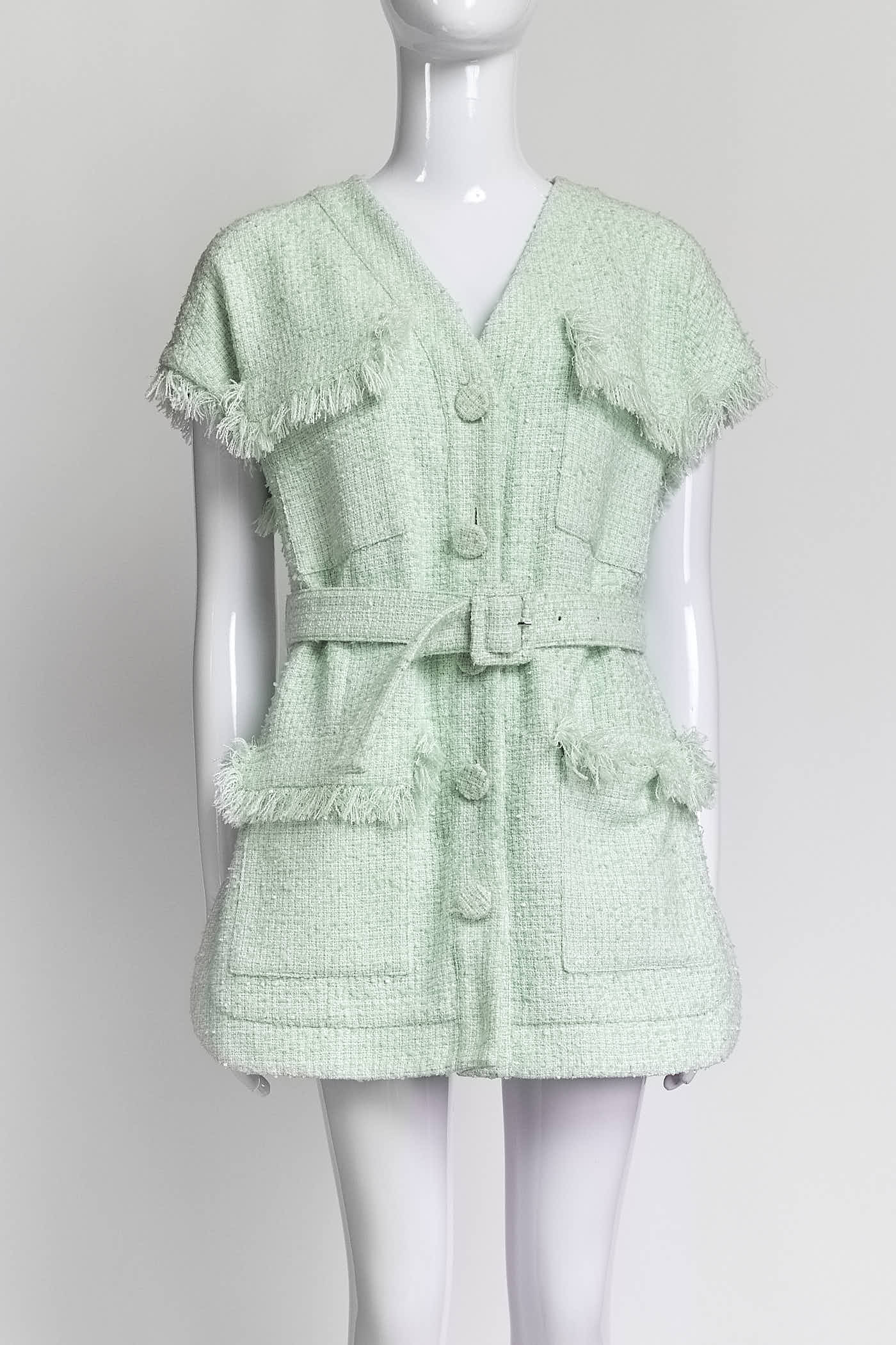 Huishan Zhang Tweed Mint Sleeveless Button Up Dress with Belt US4