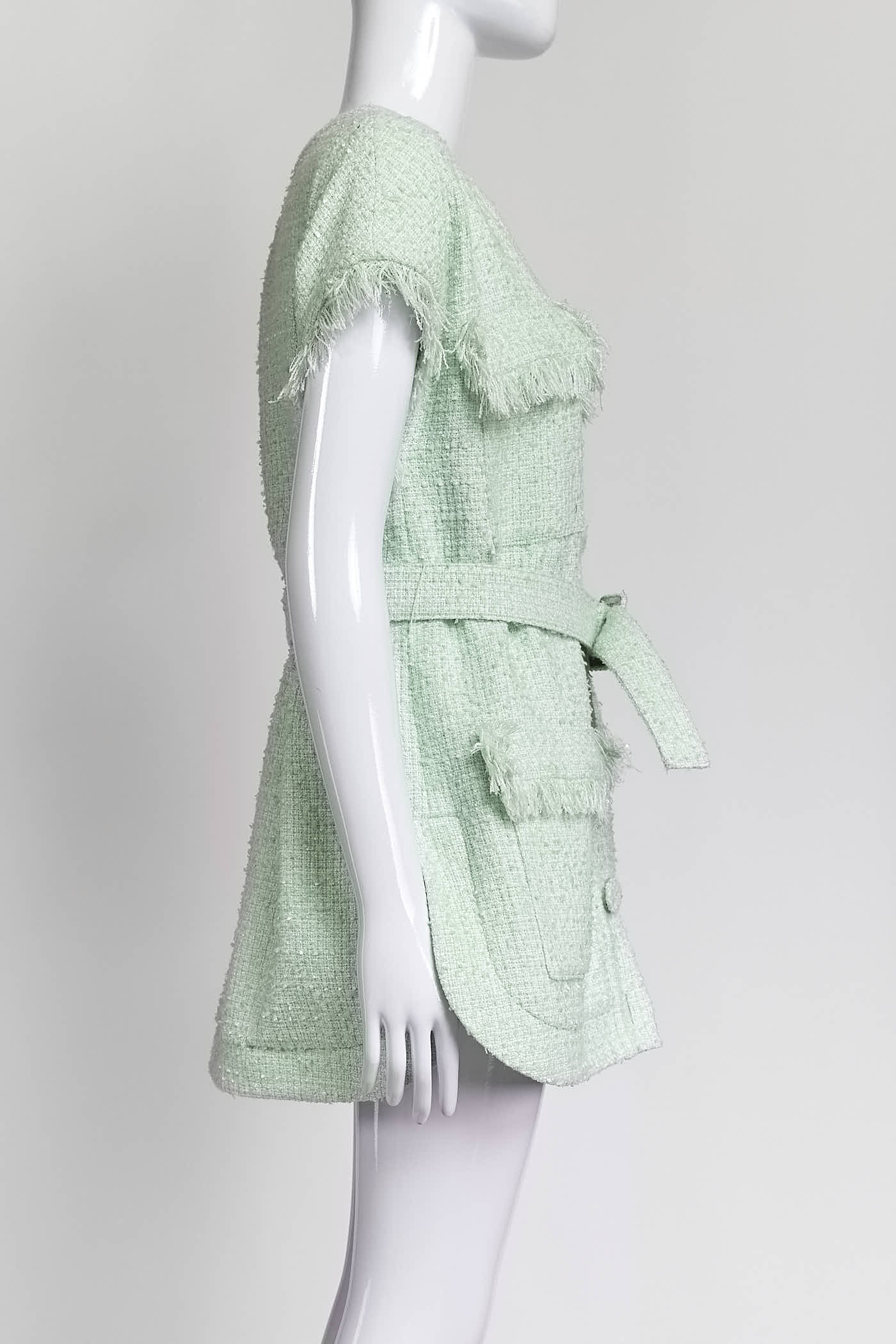 Huishan Zhang Tweed Mint Sleeveless Button Up Dress with Belt US4