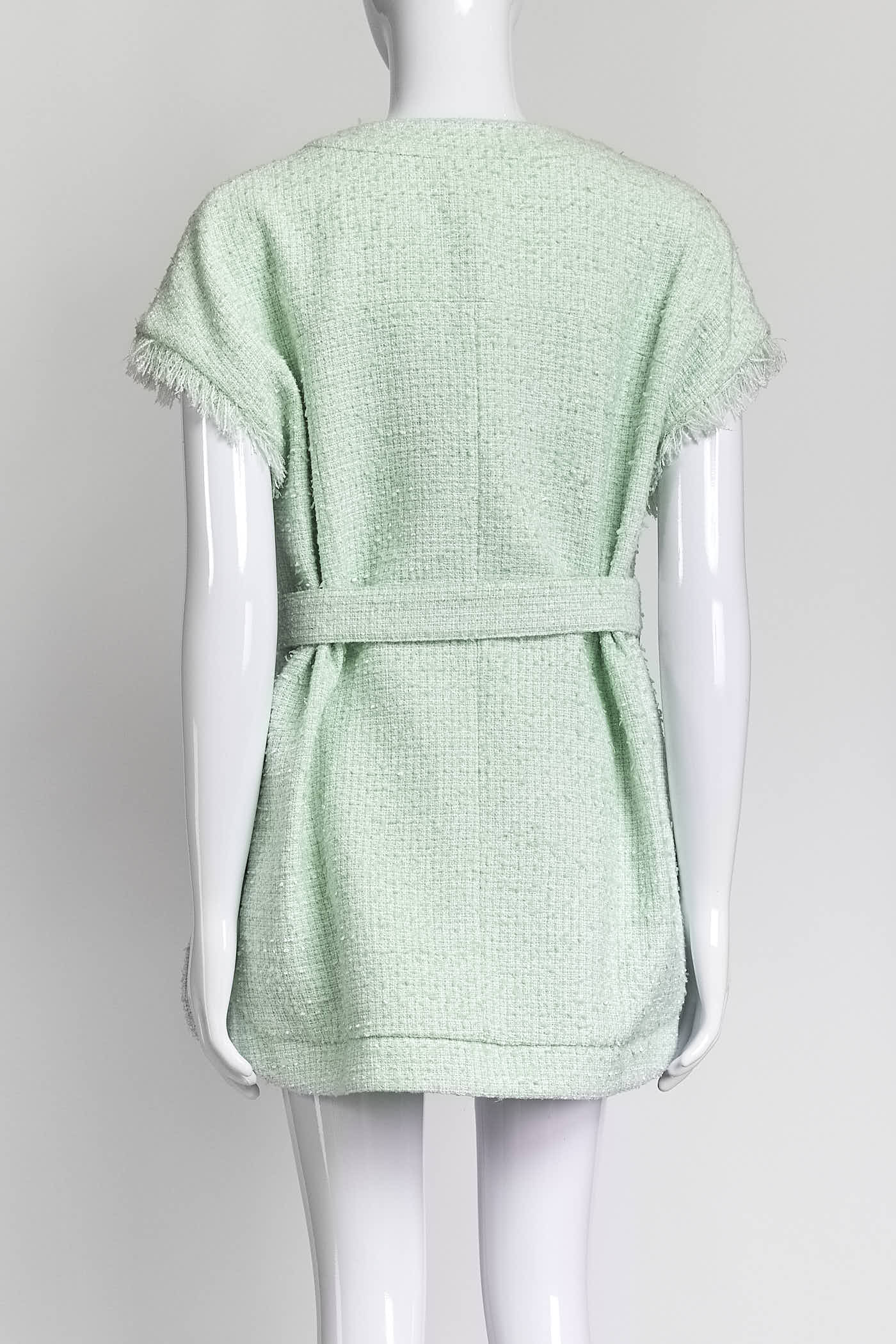 Huishan Zhang Tweed Mint Sleeveless Button Up Dress with Belt US4