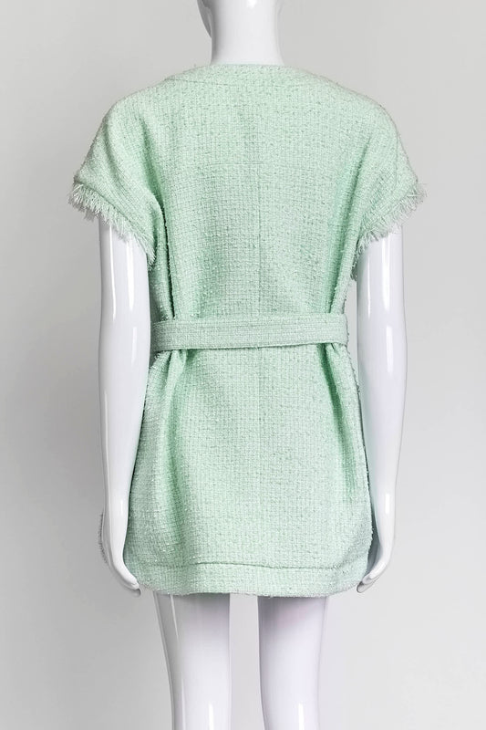 Huishan Zhang Tweed Mint Sleeveless Button Up Dress with Belt US4