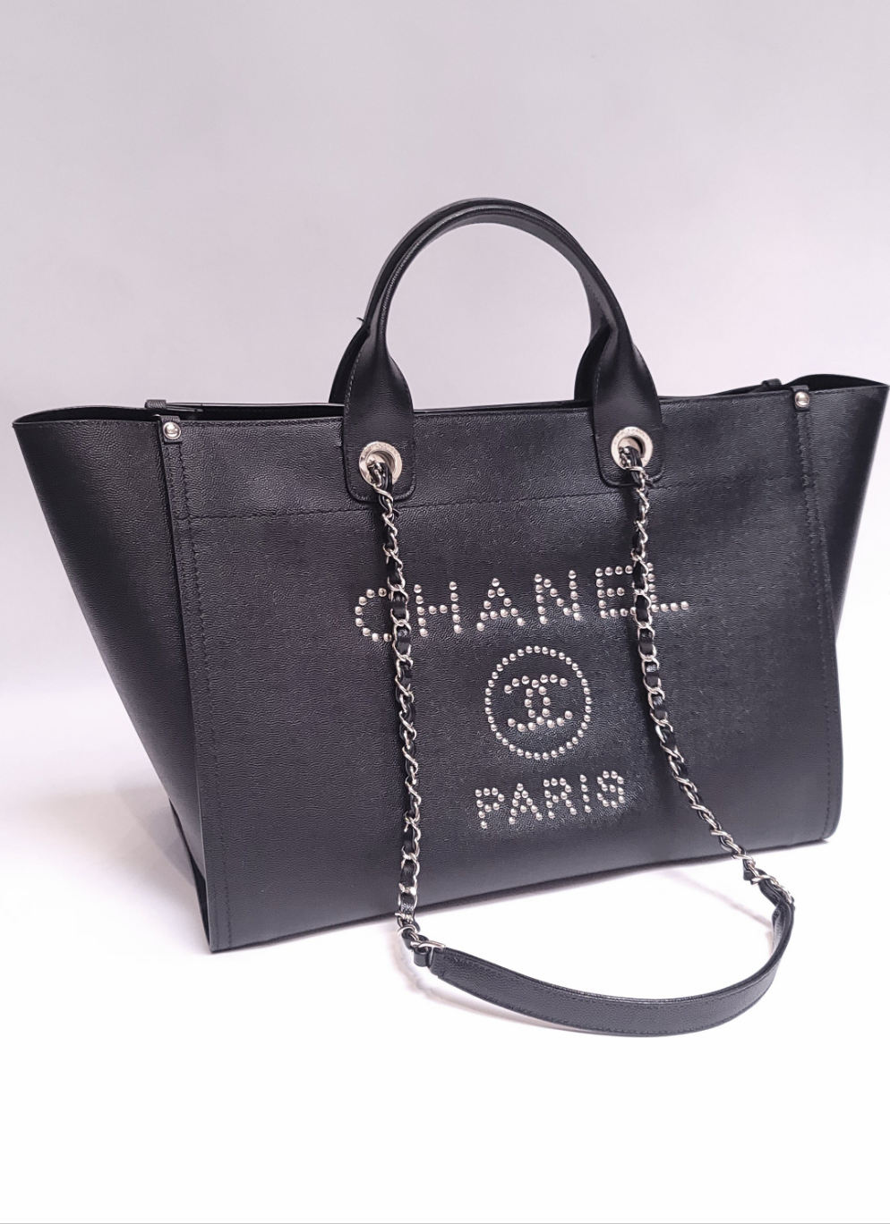 CHANEL Black Caviar Deauville Shopping Tote Studded