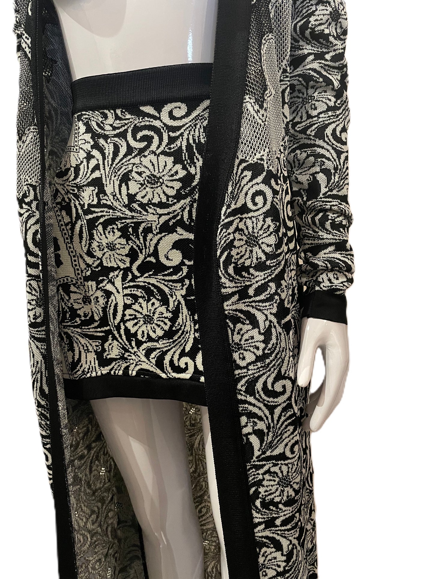 BALMAIN LONG FLORAL CARDIGAN WITH A MINI SKIRT