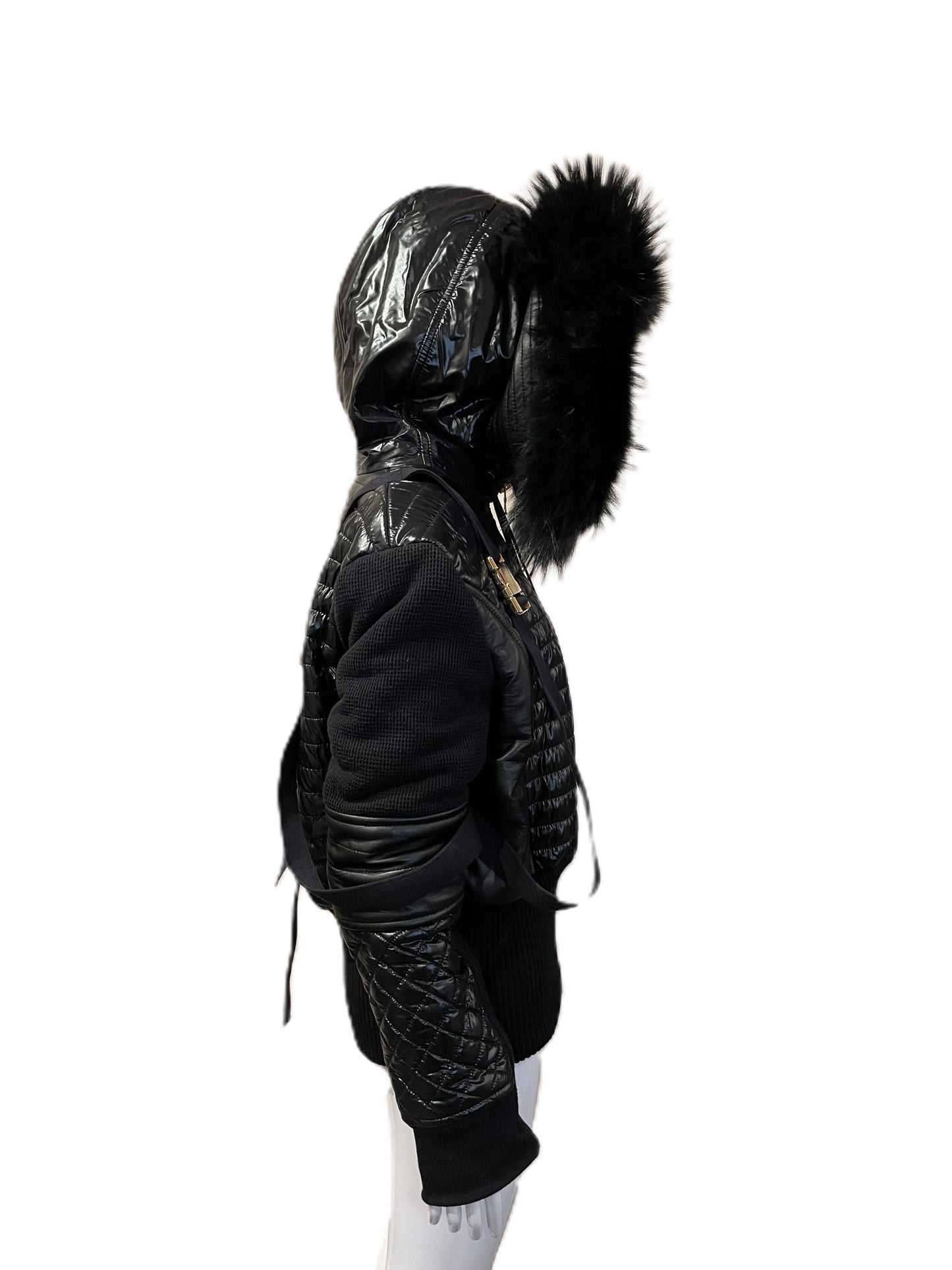 BALMAIN BLACK NYLON QUILTED/HARNESS JACKET WITH FUR HOOD