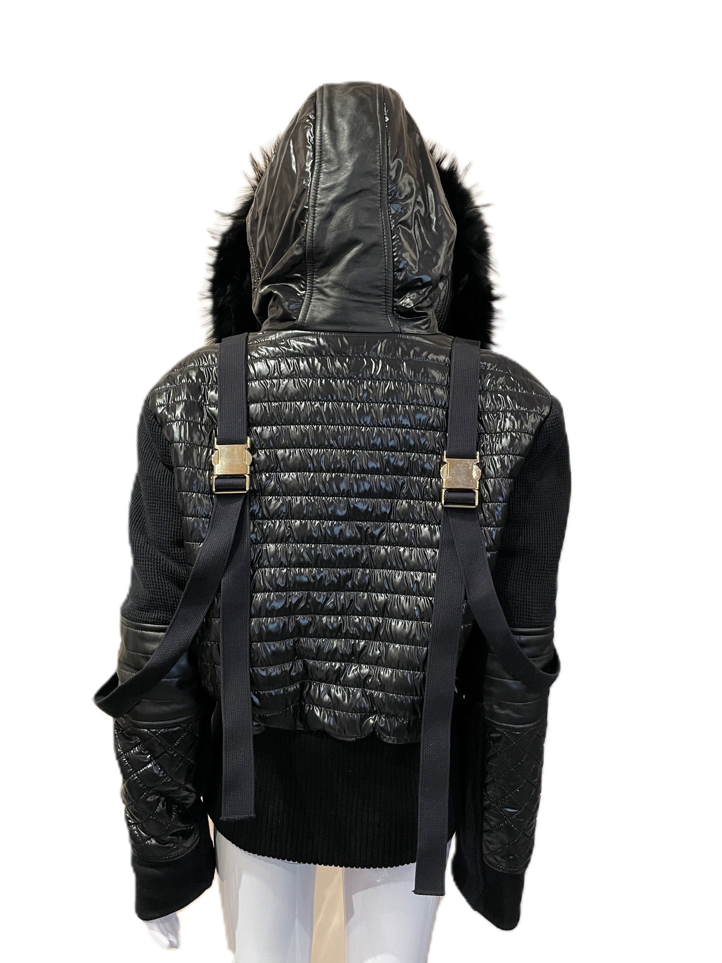 BALMAIN BLACK NYLON QUILTED/HARNESS JACKET WITH FUR HOOD