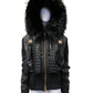 BALMAIN BLACK NYLON QUILTED/HARNESS JACKET WITH FUR HOOD