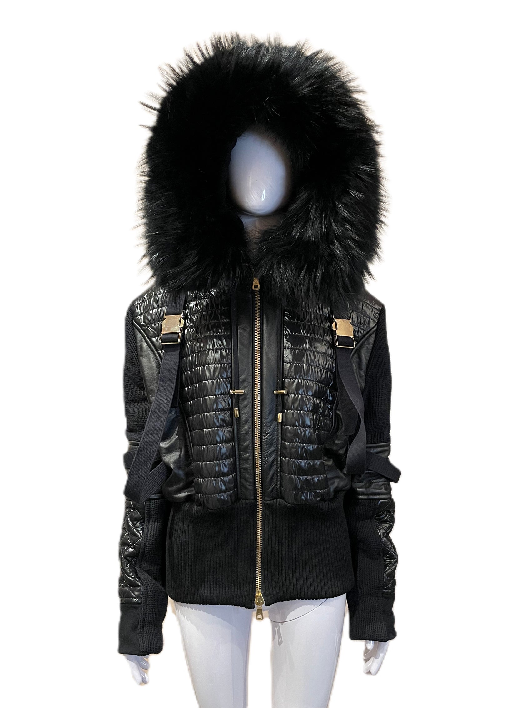 BALMAIN BLACK NYLON QUILTED/HARNESS JACKET WITH FUR HOOD