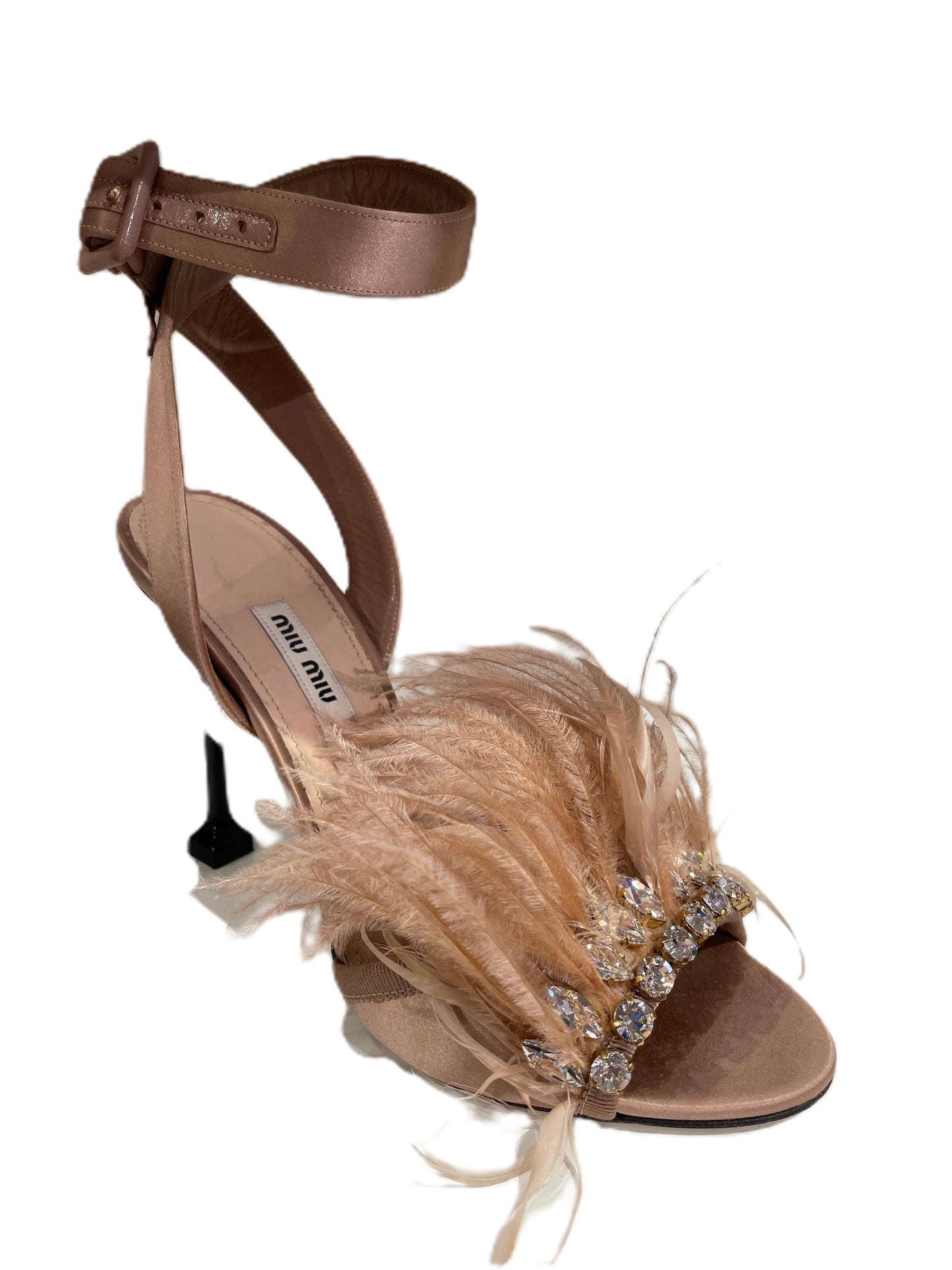 MIU MIU BEIGE SATIN AND FEATHER CRYSTAL ANKLE STRAP SANDALS