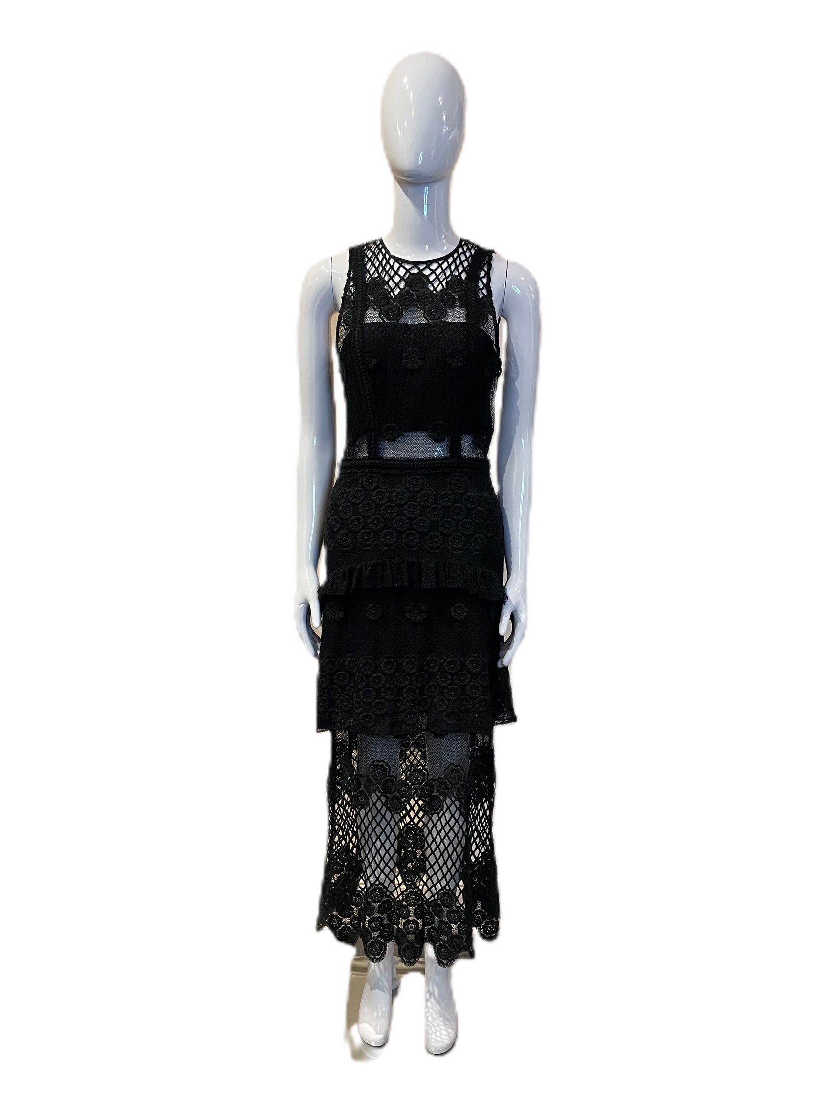 ALEXIS SLEEVELESS BLACK LACE MIDI DRESS