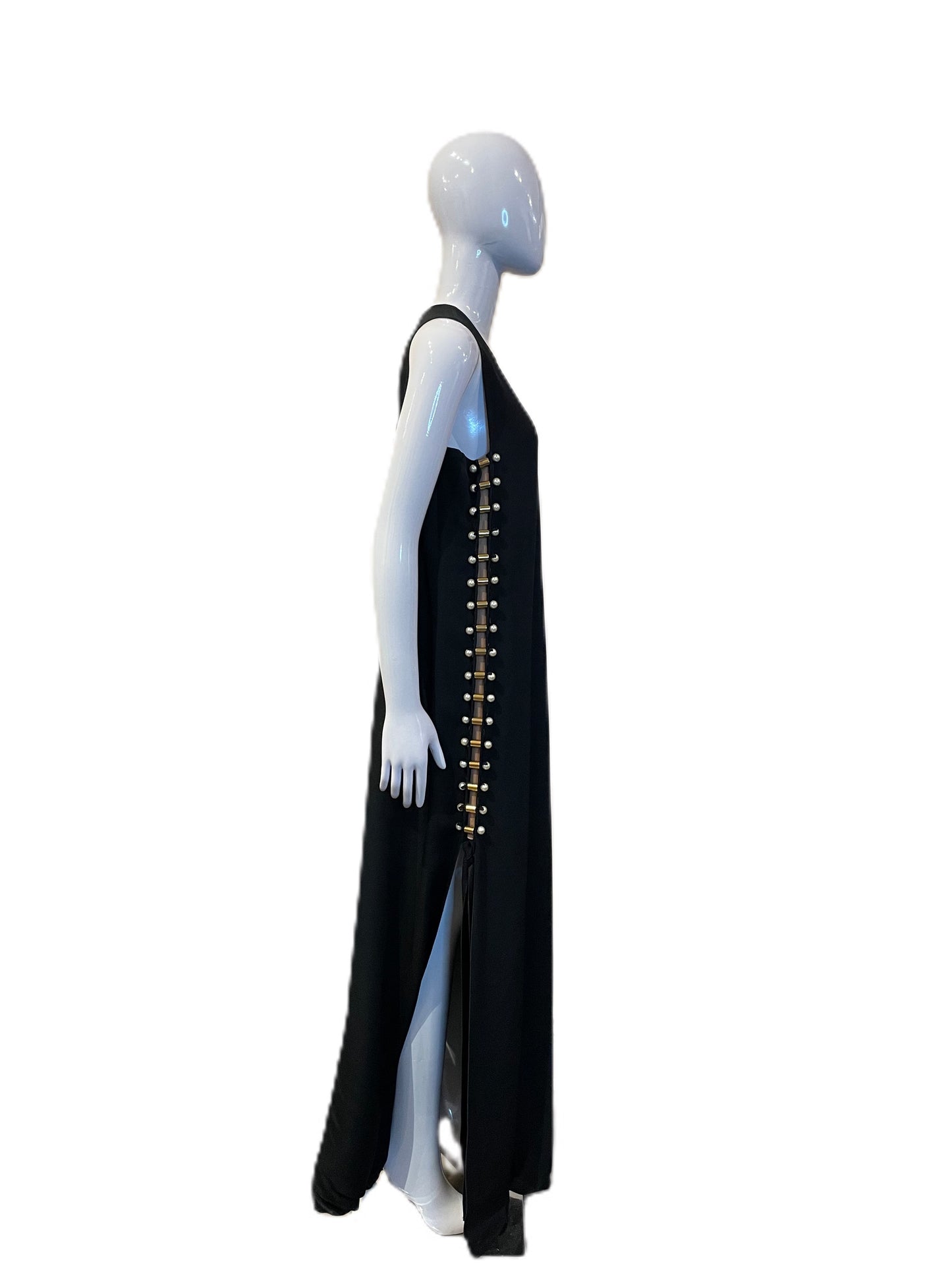 LANVIN ETE 2015 BLACK DRESS WITH SLIT AND PEARL DETAILS