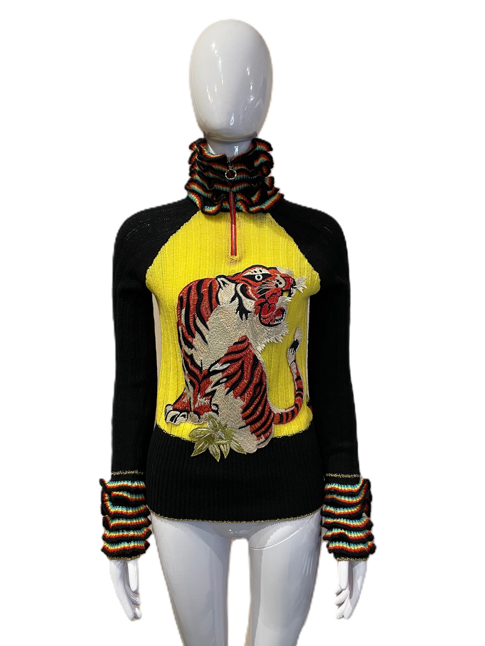 GUCCI BLACK AND YELLOW ZIP UP WITH EMBROIDERED TIGER AND FRILL DETAIL