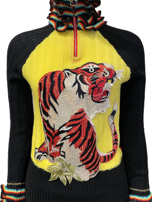 GUCCI BLACK AND YELLOW ZIP UP WITH EMBROIDERED TIGER AND FRILL DETAIL