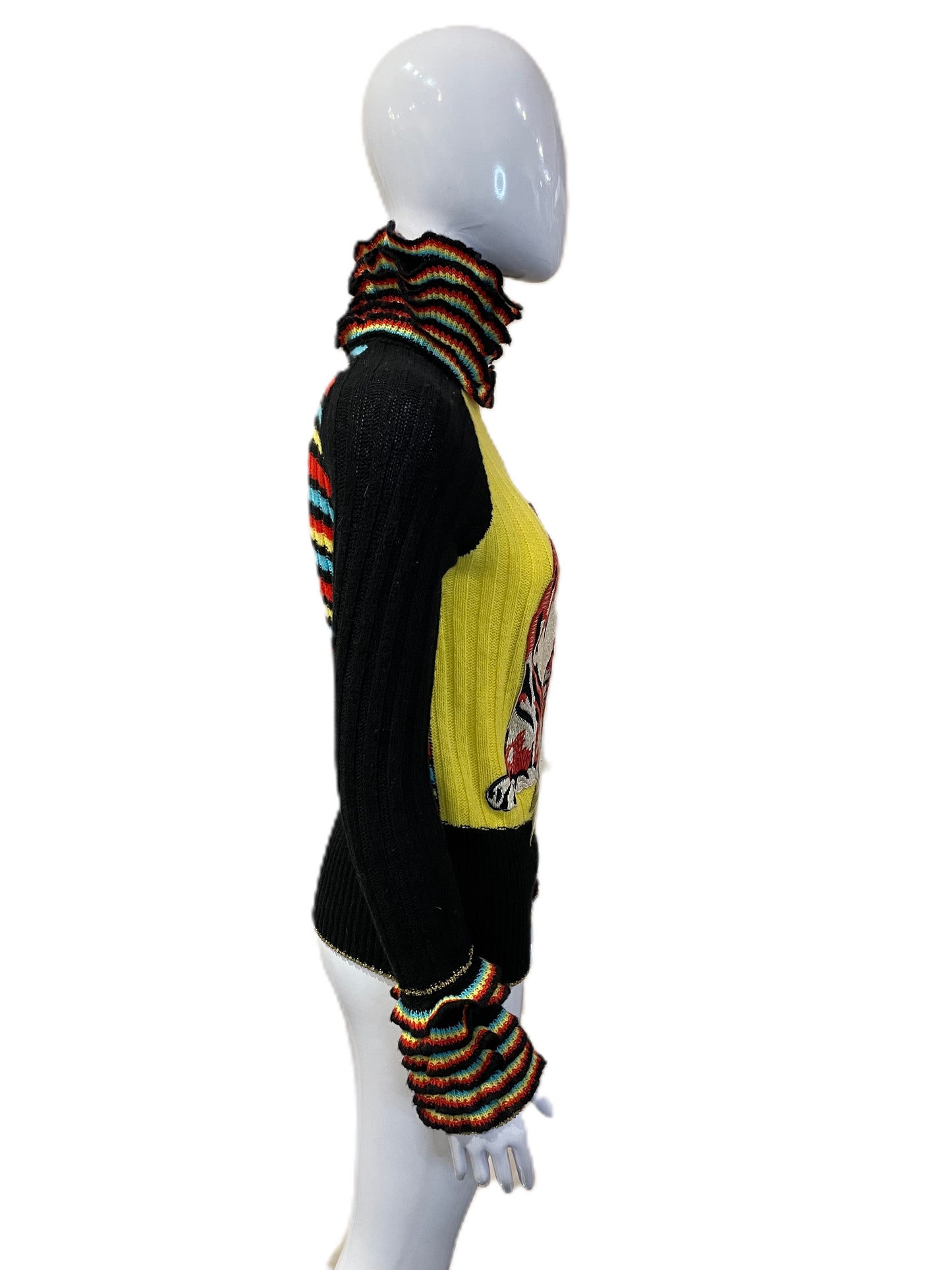 GUCCI BLACK AND YELLOW ZIP UP WITH EMBROIDERED TIGER AND FRILL DETAIL