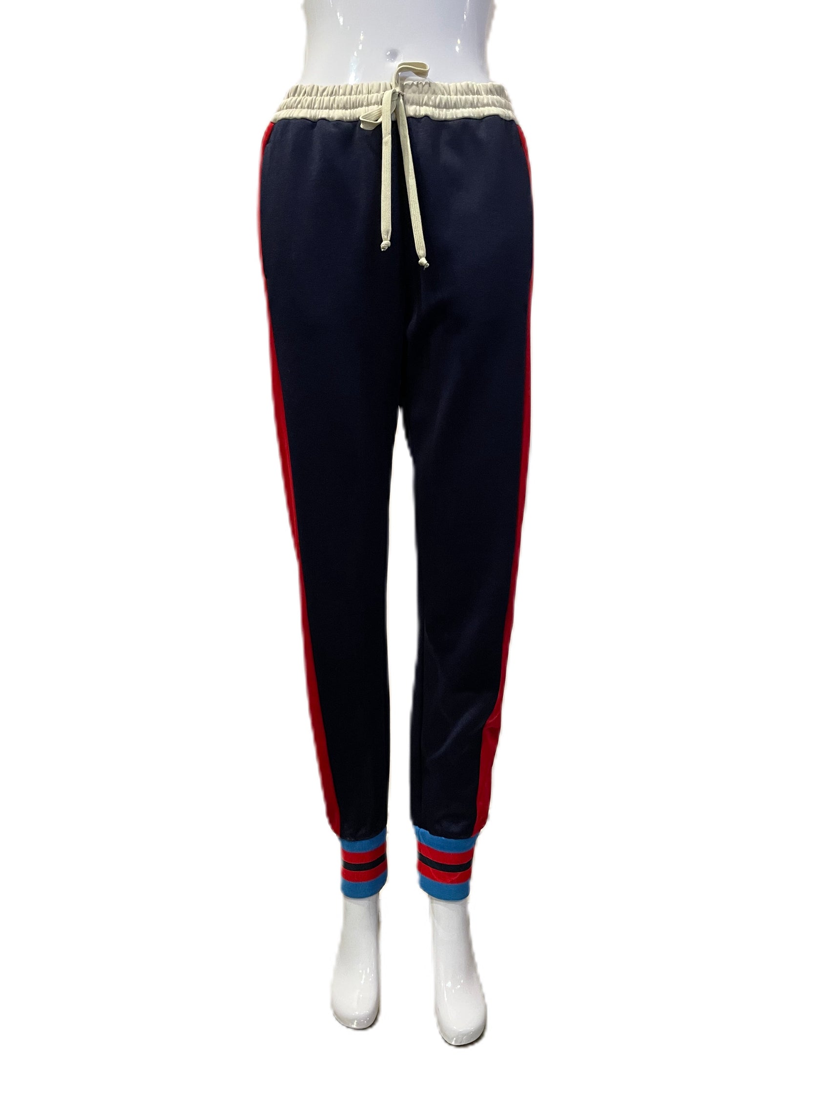 GUCCI NAVY DRAWSTRING PANTS WITH RED STRIPE AND RIBBED HEM