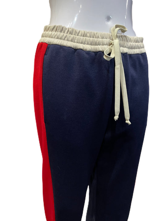 GUCCI NAVY DRAWSTRING PANTS WITH RED STRIPE AND RIBBED HEM