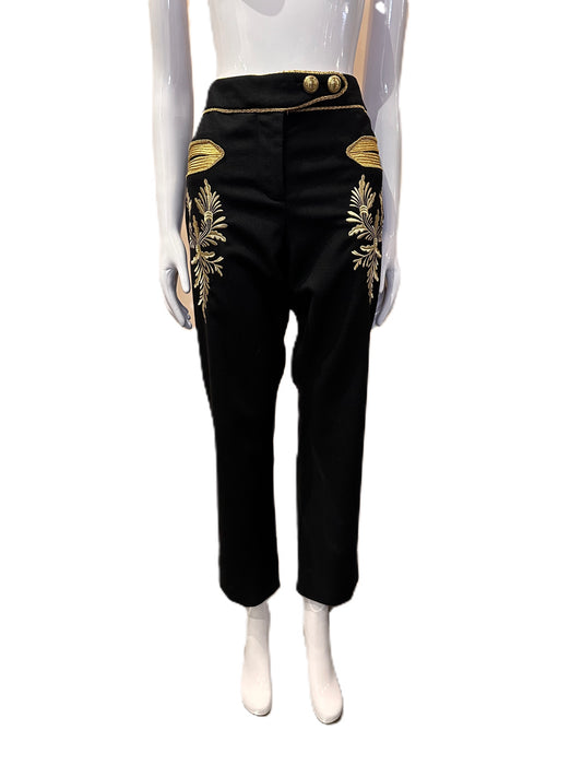 PACO RABANNE BLACK WOOL GOLD EMBROIDERED PANTS