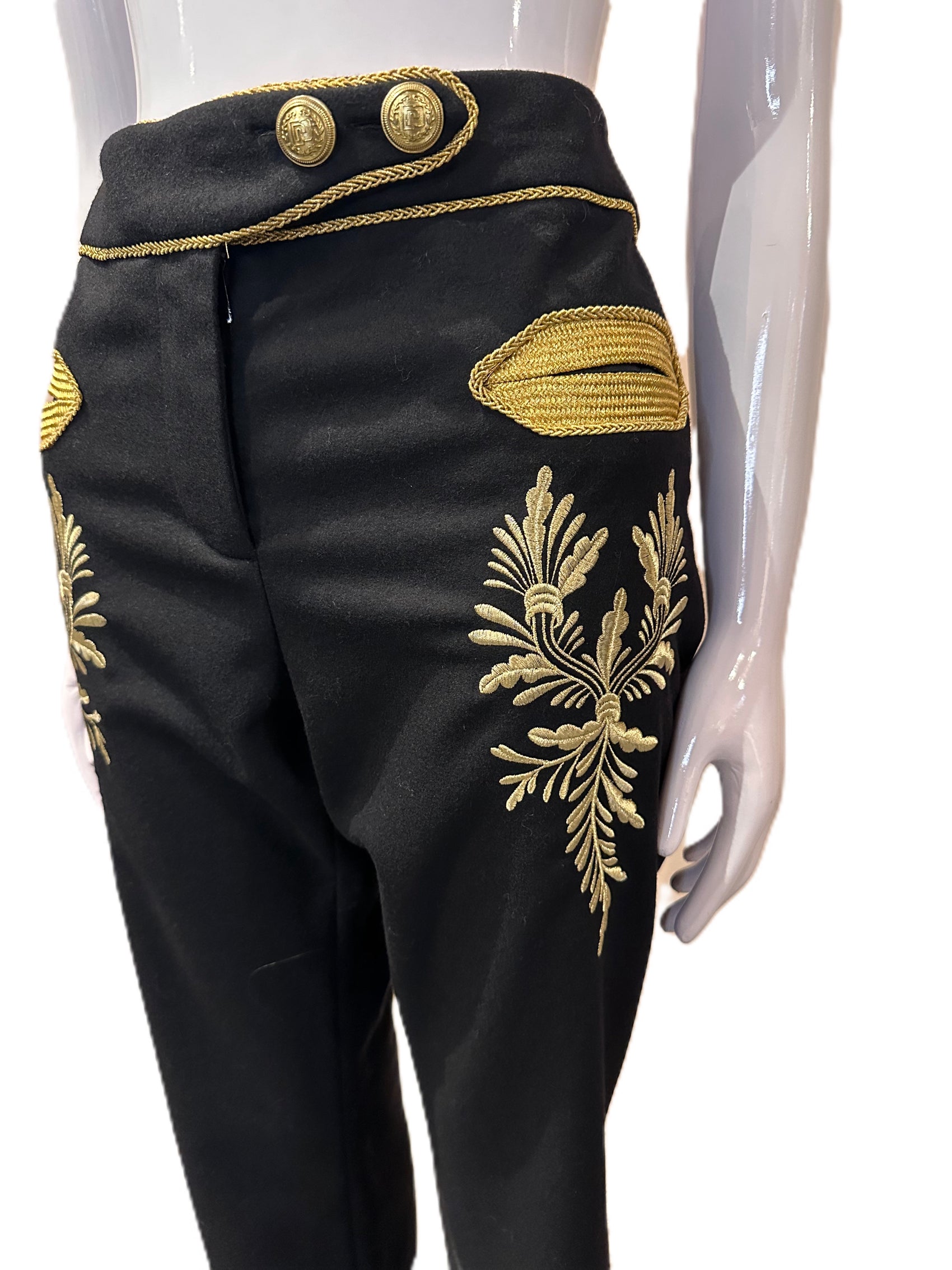 PACO RABANNE BLACK WOOL GOLD EMBROIDERED PANTS