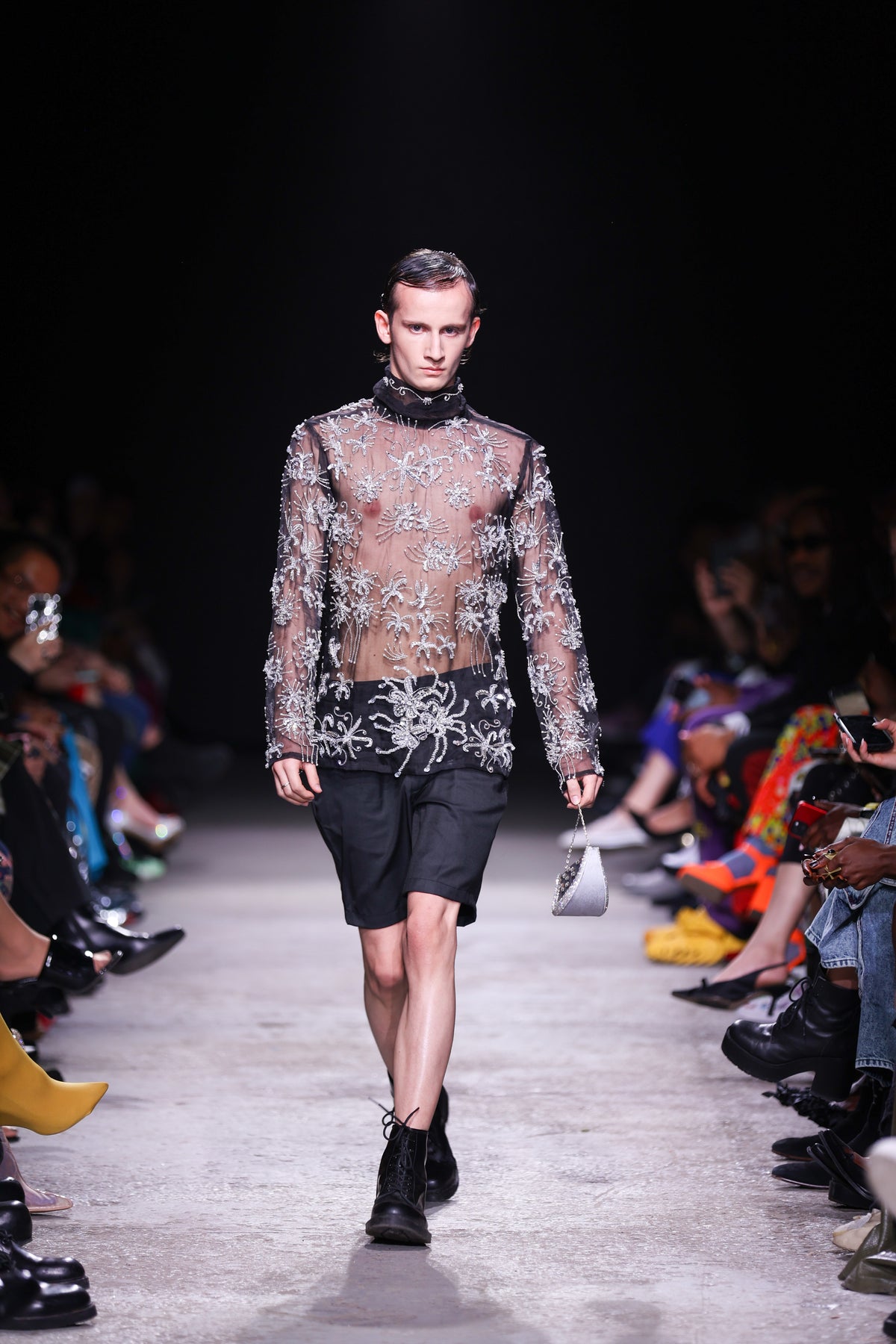 ALI HAIDER COUTURE ARUM LILY HAND EMBROIDERED MESH TOP - SIZE MEDIUM (MEN)