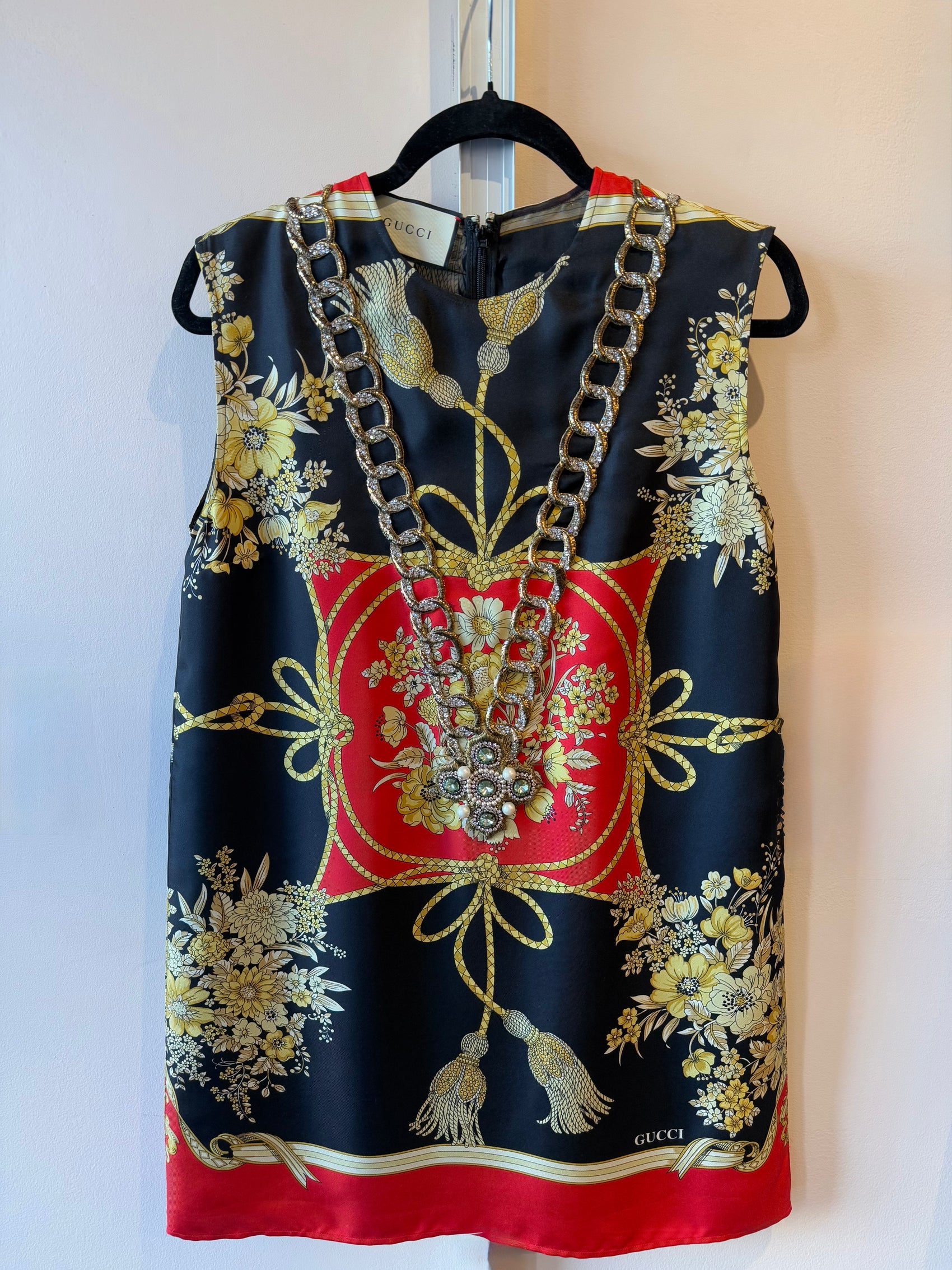 GUCCI EMBROIDERED CHAIN SILK DRESS SIZE 40