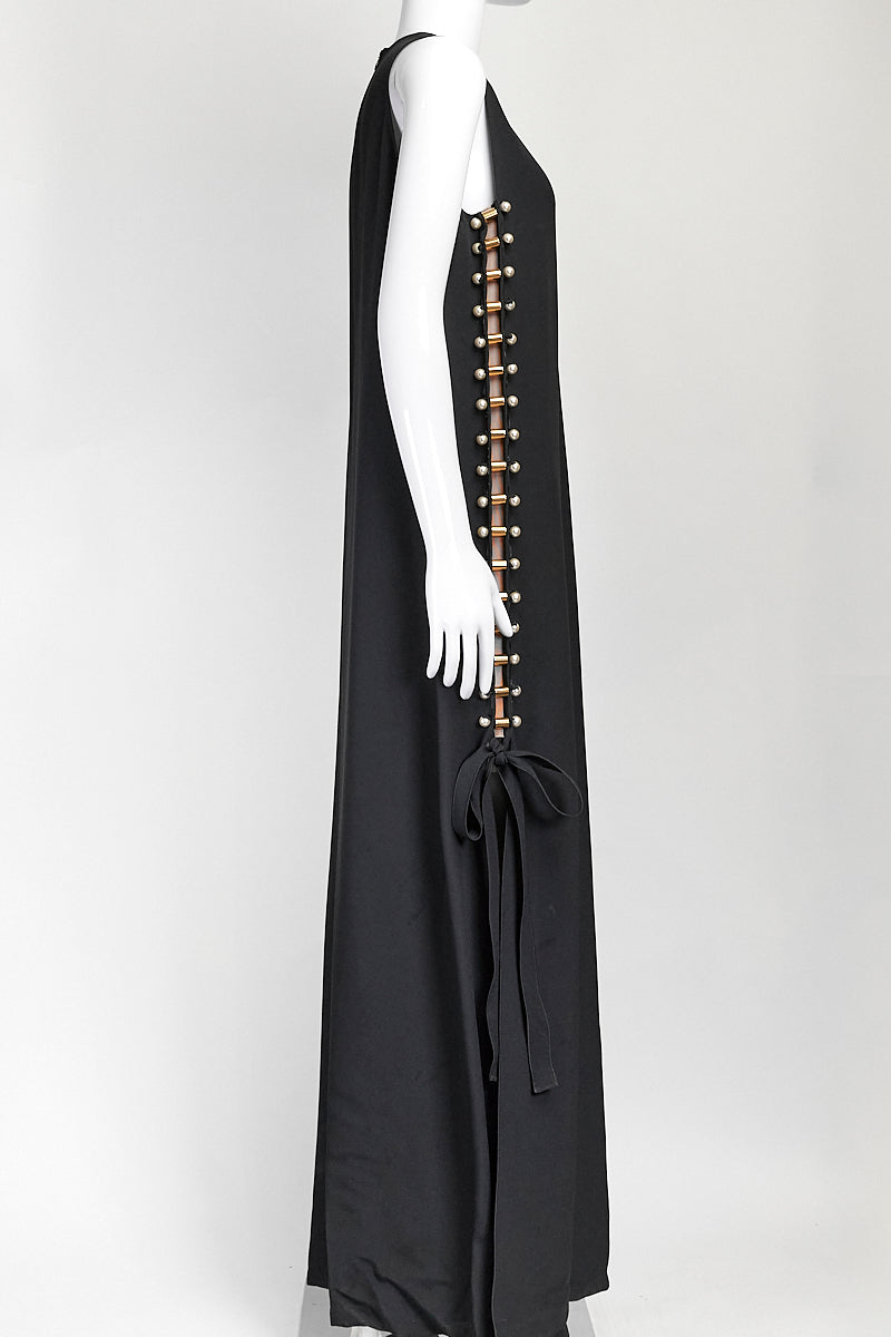 LANVIN ETE 2015 BLACK DRESS WITH SLIT AND PEARL DETAILS IT 40