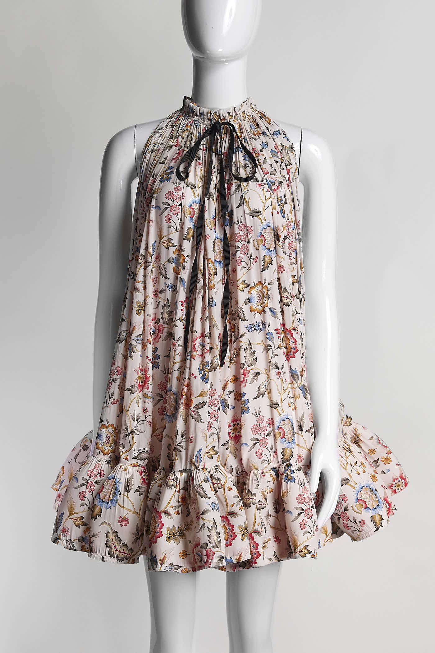 LANVIN Grosgrain-trimmed Ruffled Floral-print Mini Dress In Pink 1