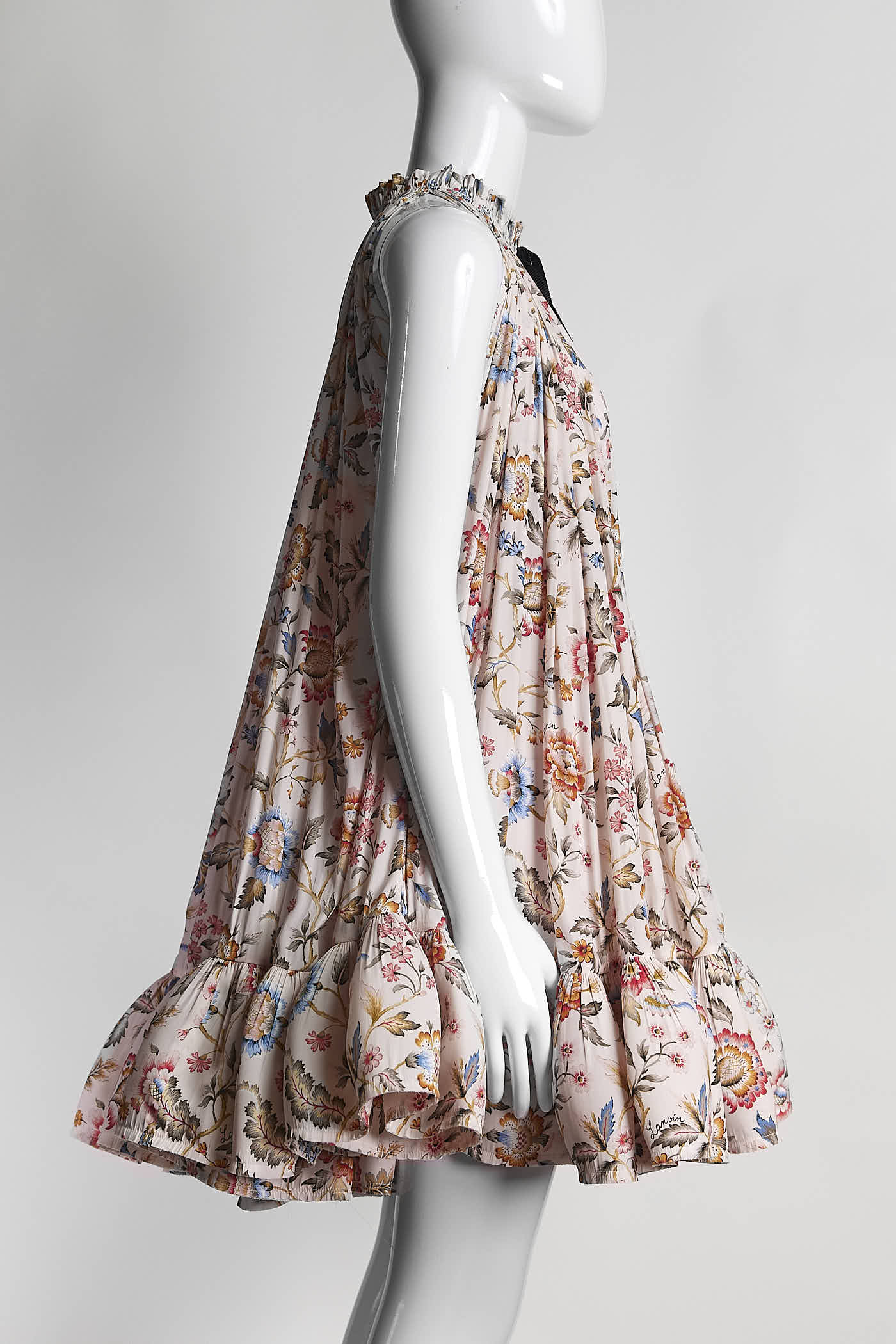 LANVIN Grosgrain-trimmed Ruffled Floral-print Mini Dress In Pink 1