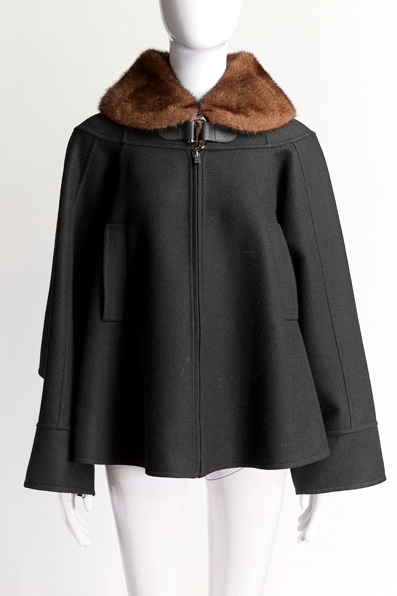 Hermès Black Cashmere Coat w/Fur IT38