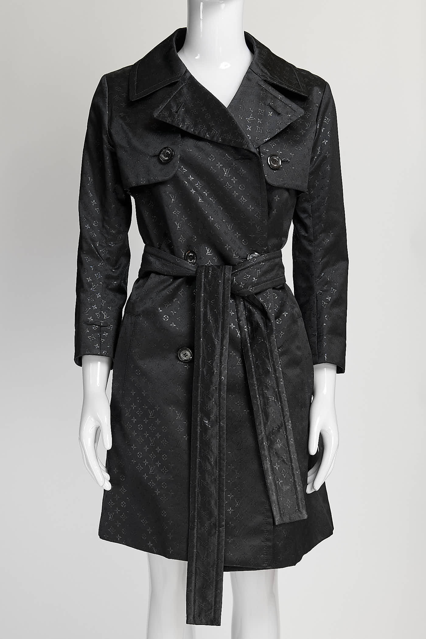Louis Vuitton Black Metallic Monogram Printed Trench Coat 36