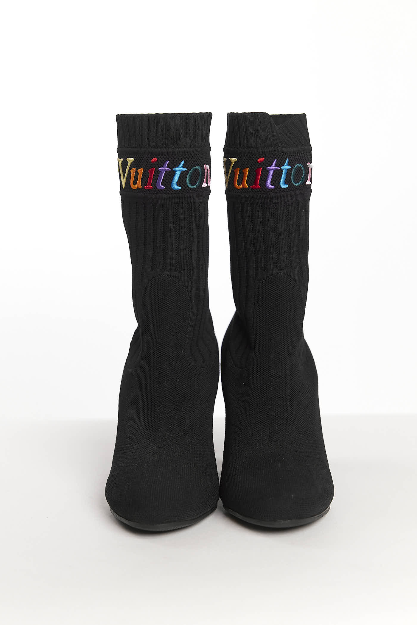 Louis Vuitton Black Sock Booties w/Multicolor Embroidered Logo 37.5