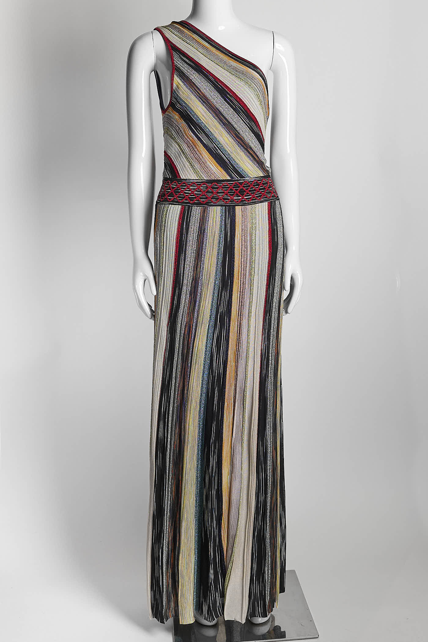 MISSONI One-shoulder Striped Metallic Crochet-knit Maxi Dress 46