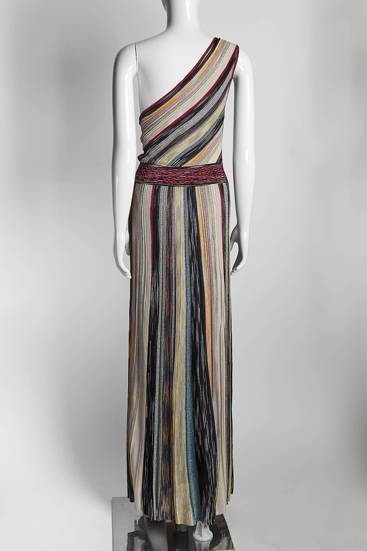 MISSONI One-shoulder Striped Metallic Crochet-knit Maxi Dress 46