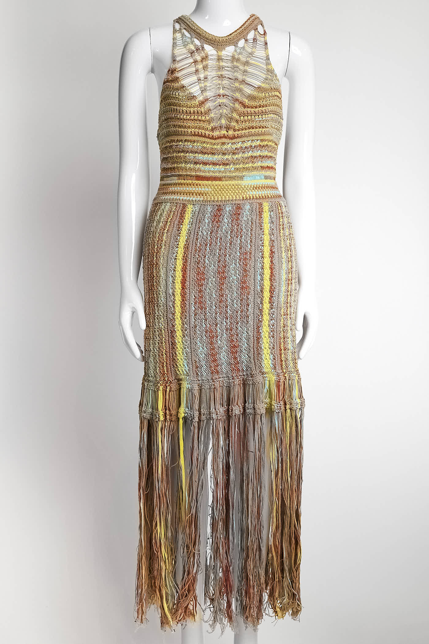 M Missoni Yellow Multicolor Crochet-knit Fringed Dress 42