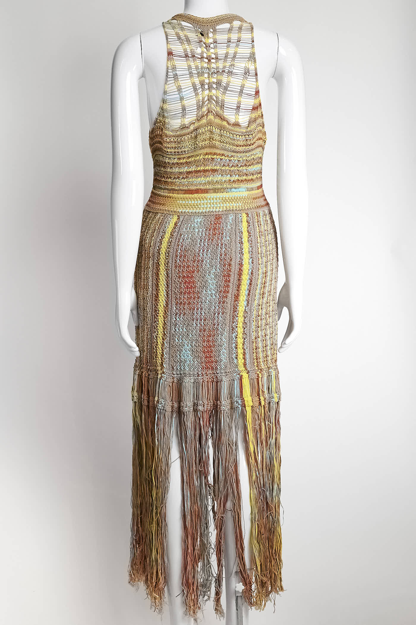 M Missoni Yellow Multicolor Crochet-knit Fringed Dress 42