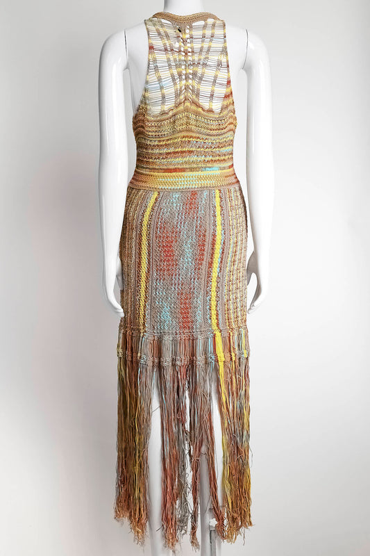 M Missoni Yellow Multicolor Crochet-knit Fringed Dress 42