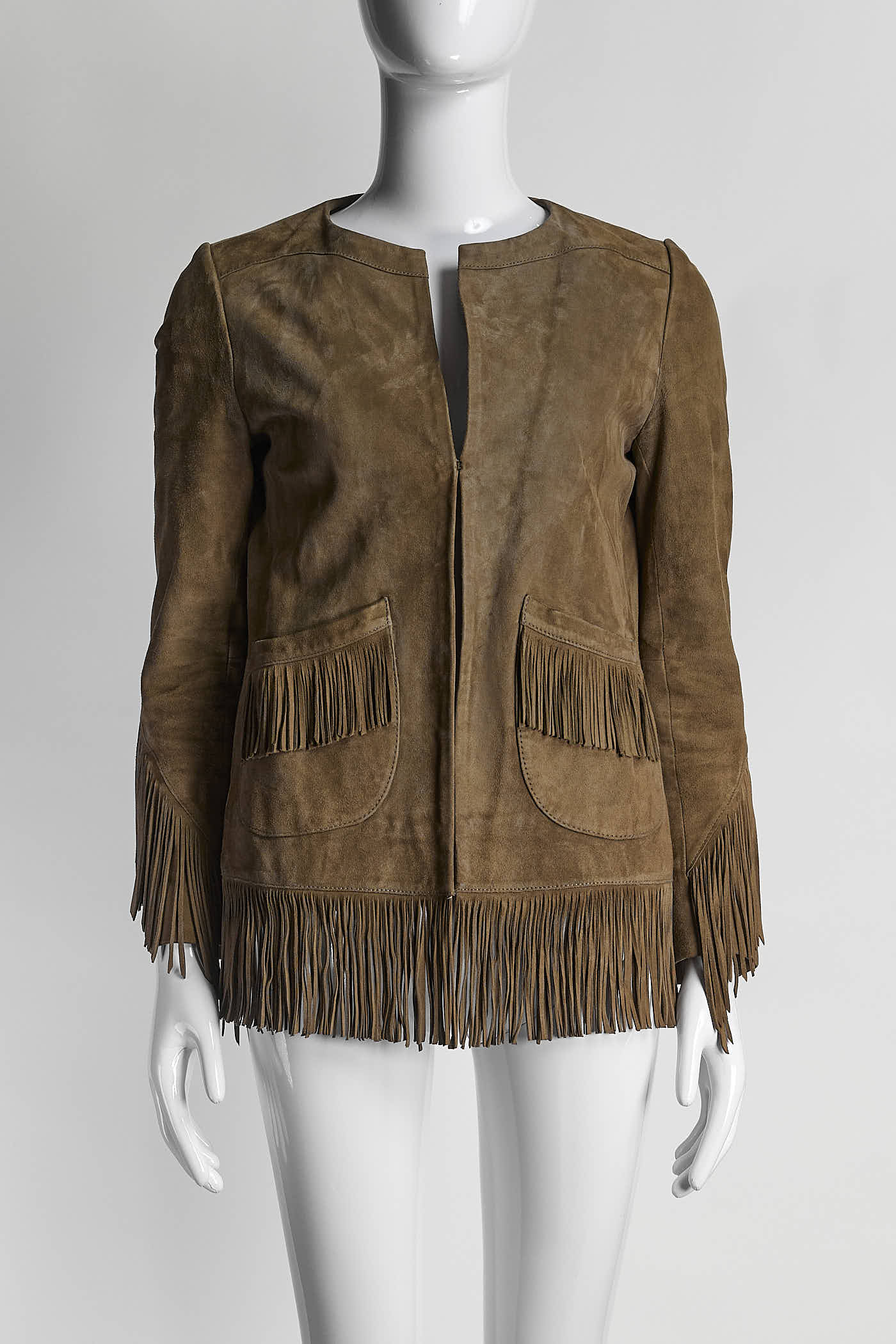 Maje Khaki Fringing Suede Leather Jacket 36