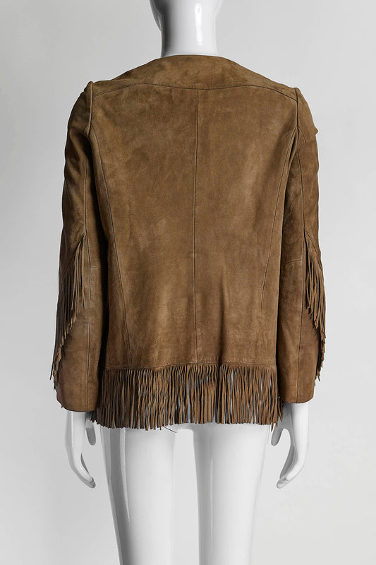 Maje Khaki Fringing Suede Leather Jacket 36