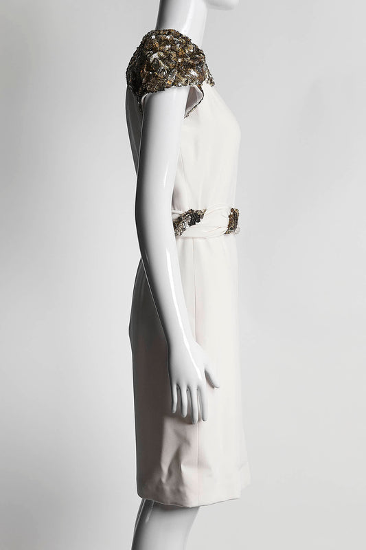 Marchesa Cream Silk Dress with Gold Sequin Detail 2