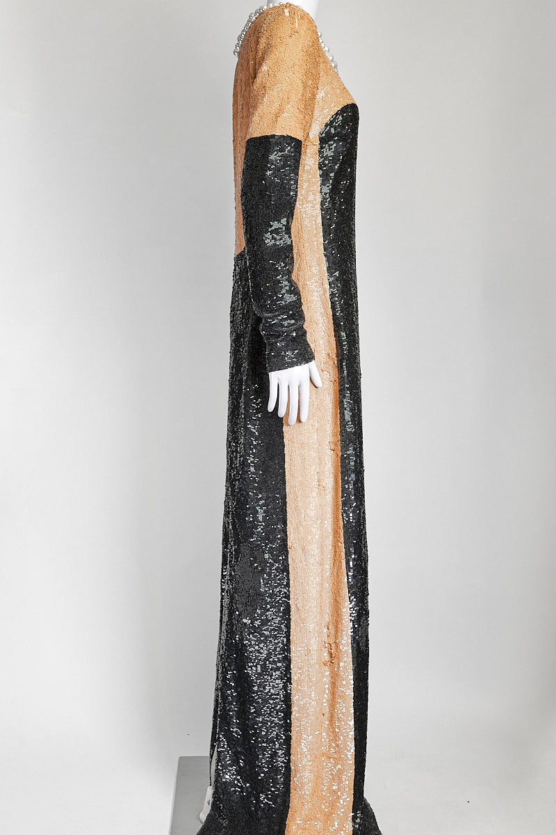 Michael Kors Beige/Black Sequin Gown with Pearl Detail US 8